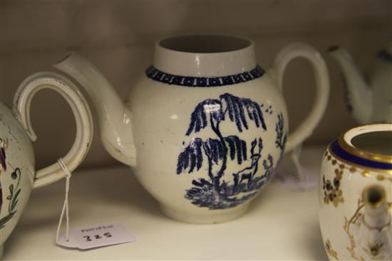 Liverpool pearlware porcelain teapot, late 18th century, (3) one damaged(-)